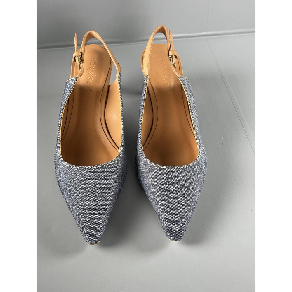 Cinq a Sept Shoes Womens Size 37 Blue Denim Slingback Pointed Toe Kitten Heels - Picture 6 of 14